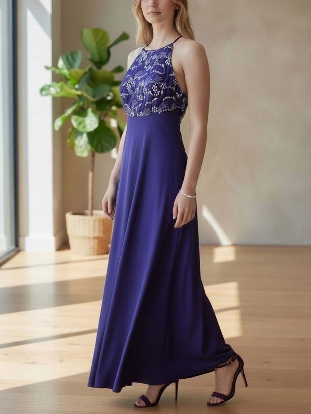 Morgan and Co. Purple Evening Gown Dress Women's Size 7/8 Sequins Embroidered